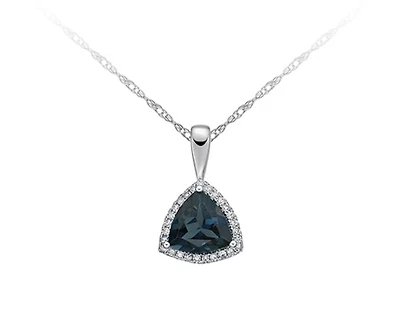 10K White Gold 8mm Trillion Cut London Blue Topaz and 0.13cttw Diamond Halo Necklace, 18"