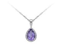 10K White Gold 10x7mm Pear Cut Amethyst & 0.135cttw Diamond Halo Pendant, 18"