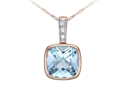 10K Rose Gold 8mm Cushion Cut Sky Blue Topaz and 0.015cttw Diamond Pendant - 18 Inches
