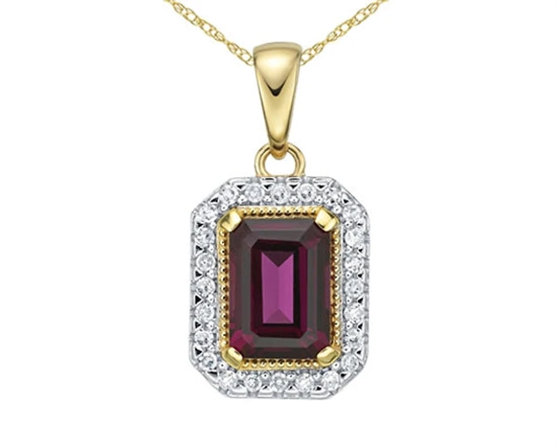 10K Yellow Gold 7x5mm Emerald Cut Rhodolite and 0.096cttw Diamond Halo Pendant - 18 inches