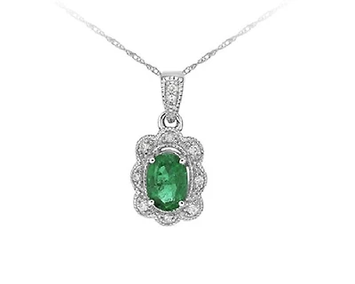 10K White Gold 6x4mm Oval Cut Emerald and 0.039cttw Diamond Scallop Halo Pendant - 18 inches