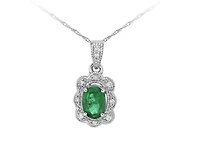 10K White Gold 6x4mm Oval Cut Emerald and 0.039cttw Diamond Scallop Halo Pendant - 18 inches
