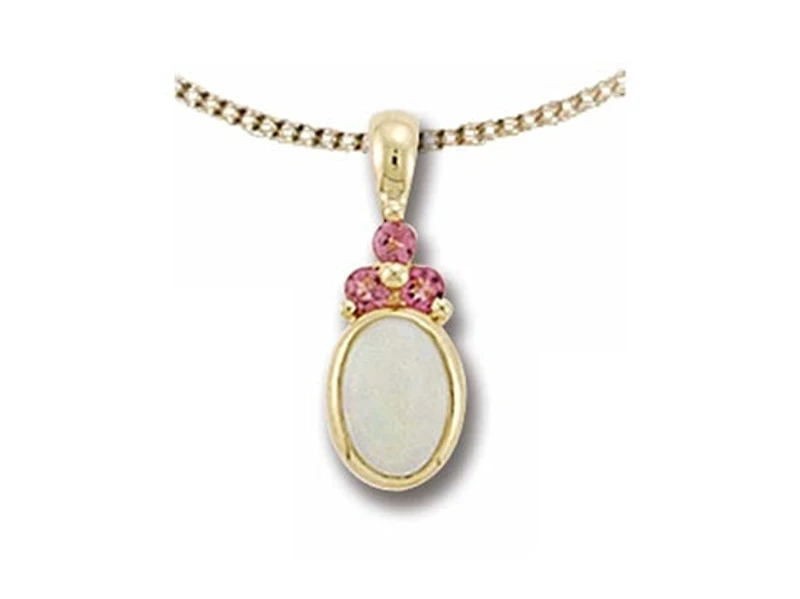 10K Yellow Gold 7x5mm Oval Cut Opal and Round Cut Pink Tourmaline Pendant - 18 Inches