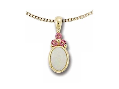 10K Yellow Gold 7x5mm Oval Cut Opal and Round Cut Pink Tourmaline Pendant - 18 Inches