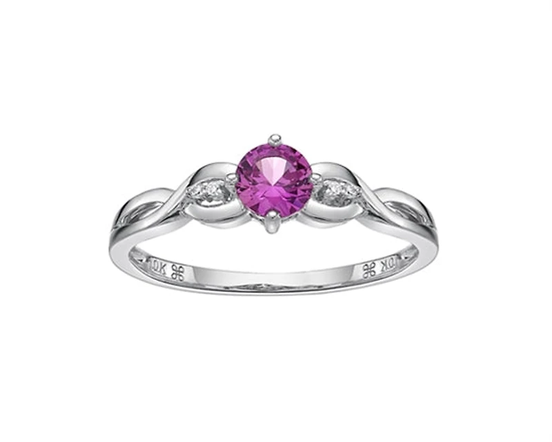 10K White Gold 5.00mm Round Cut Created Pink Sapphire and 0.015cttw Diamond Ring - Size 7