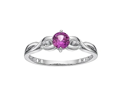 10K White Gold 5.00mm Round Cut Created Pink Sapphire and 0.015cttw Diamond Ring - Size 7