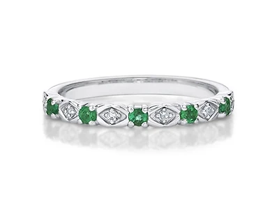 10K White Gold Round Cut Emerald and 0.05cttw Diamond Stack Ring - Size 7