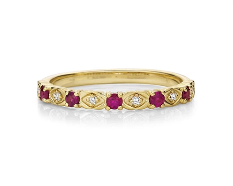 10K Yellow Gold Round Cut Ruby and 0.05cttw Diamond Stacking Ring - Size 7