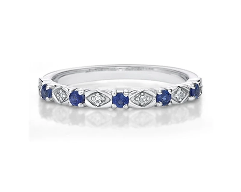 10K White Gold Round Cut Sapphire and 0.05cttw Diamond Stack Ring - Size 7
