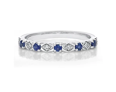 10K White Gold Round Cut Sapphire and 0.05cttw Diamond Stack Ring - Size 7