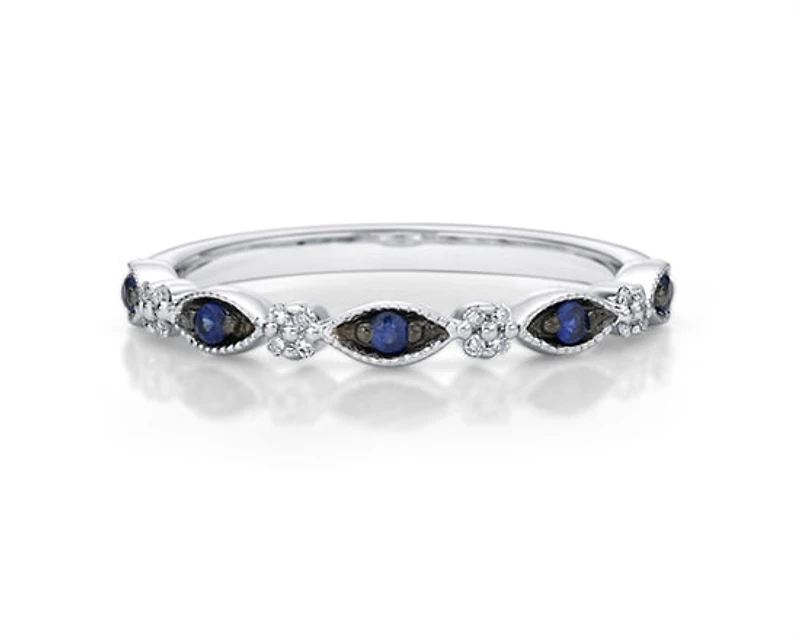 10K White Gold Round Cut Sapphire and 0.07cttw Diamond Stack Ring - Size 7