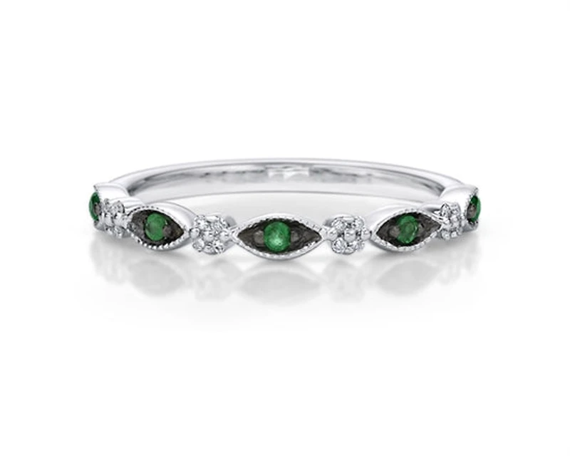 10K White Gold Round Cut Emerald and 0.07cttw Diamond Stack Ring - Size 7