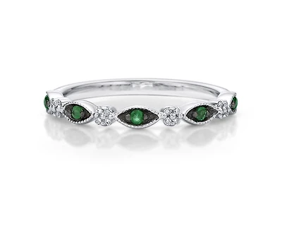 10K White Gold Round Cut Emerald and 0.07cttw Diamond Stack Ring - Size 7
