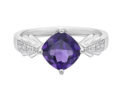10K White Gold 7mm Cushion Cut Amethyst and 0.01cttw Diamond Ring, size 7
