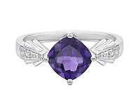 10K White Gold 7mm Cushion Cut Amethyst and 0.01cttw Diamond Ring, size 7