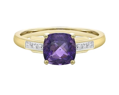10K Yellow Gold 7mm Cushion Cut Amethyst and 0.05cttw Diamond Ring, size 7