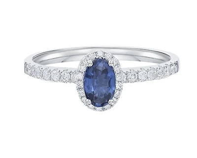 14K White Gold 6x4mm Oval Cut Sapphire and 0.25cttw Diamond Halo Ring - Size 7