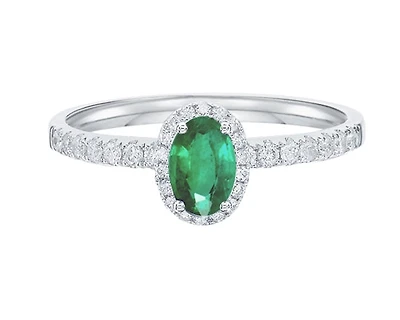 14K White Gold 6x4mm Oval Cut Emerald and 0.25cttw Diamond Halo Ring - 4.5