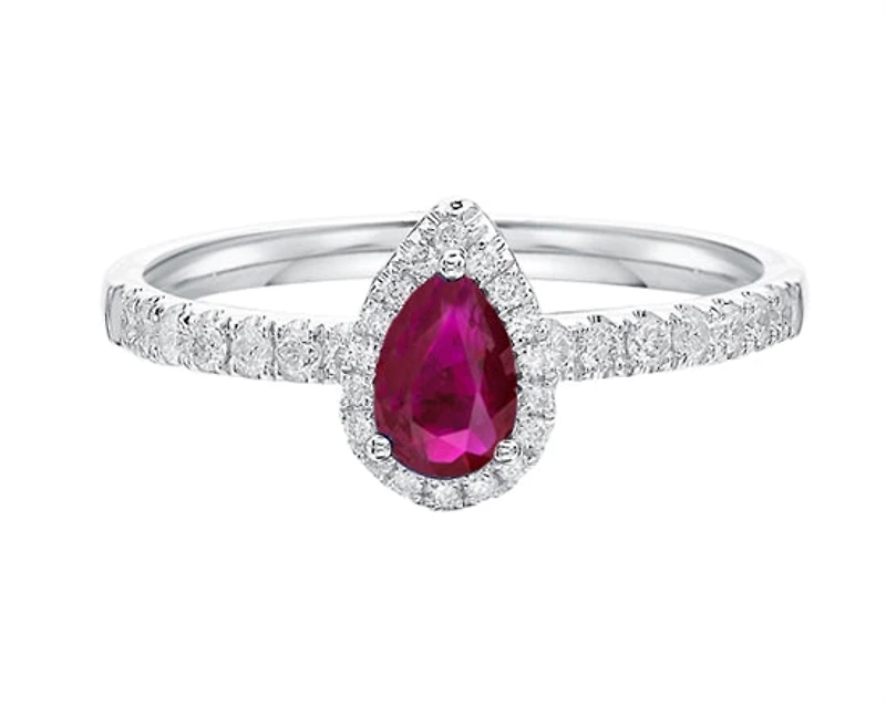 14K White Gold 6x4mm Pear Cut Ruby and 0.25cttw Diamond Halo Ring - 4.5