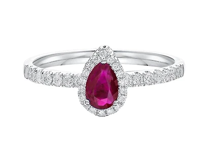 14K White Gold 6x4mm Pear Cut Ruby and 0.25cttw Diamond Halo Ring - 4.5