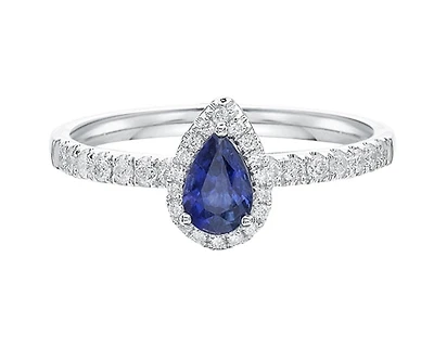 14K White Gold 6x4mm Pear Cut Sapphire and 0.25cttw Diamond Halo Ring - Size 7
