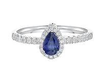 14K White Gold 6x4mm Pear Cut Sapphire and 0.25cttw Diamond Halo Ring - Size 7