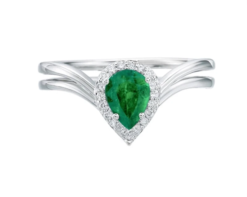 14K White Gold 7x5mm Pear Cut Emerald and 0.10cttw Diamond Halo Ring - Size 7