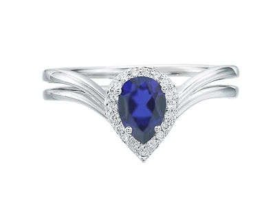 14K White Gold 7x5mm Pear Cut Sapphire and 0.10cttw Diamond Halo Ring - Size 7