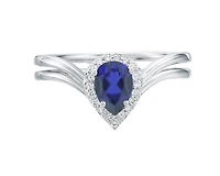 14K White Gold 7x5mm Pear Cut Sapphire and 0.10cttw Diamond Halo Ring - Size 7