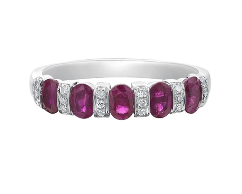 14K White Gold 4x3mm Oval Cut Ruby and 0.10cttw Diamond Ring - Size 7