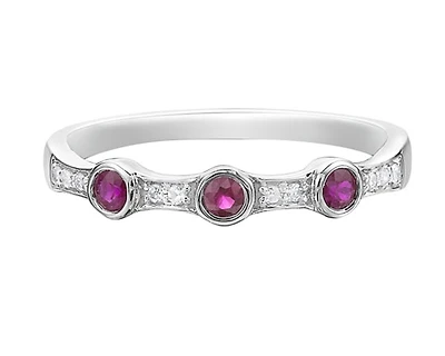 14K White Gold 2.50mm Round Cut Ruby and 0.05cttw Diamond Stacking Ring - 4.5