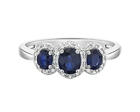 14K White Gold 5x4mm and 3x4mm Oval Cut Sapphire and 0.15cttw Diamond Halo Ring - Size 7