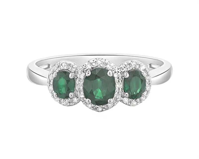 14K White Gold 5x4mm and 4x3mm Oval Cut Emerald and 0.15cttw Diamond Halo Ring - Size 7