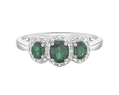 14K White Gold 5x4mm and 4x3mm Oval Cut Emerald and 0.15cttw Diamond Halo Ring - Size 7
