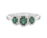 14K White Gold 5x4mm and 4x3mm Oval Cut Emerald and 0.15cttw Diamond Halo Ring - Size 7