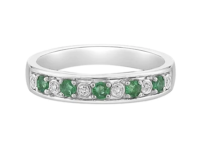 14K White Gold 2.30mm Round Cut Emerald and 0.05cttw Diamond Ring - Size 7