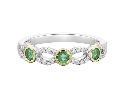 14K White Gold 2.80mm Round Cut Emerald and 0.10cttw Diamond Ring - Size 7