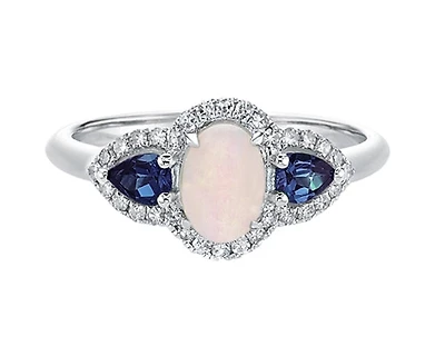 10K White Gold 7x5mm Oval Cut Opal, 4x3mm Pear Cut Blue Sapphire and 0.18cttw Diamond Halo Ring - 4.5