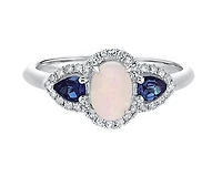 10K White Gold 7x5mm Oval Cut Opal, 4x3mm Pear Cut Blue Sapphire and 0.18cttw Diamond Halo Ring - 4.5