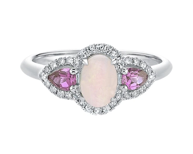 10K White Gold 7x5mm Oval Cut Opal, 4x3mm Pear Cut Pink Sapphire and 0.18cttw Diamond Halo Ring - Size 7