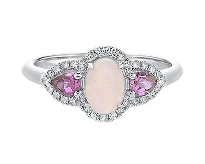 10K White Gold 7x5mm Oval Cut Opal, 4x3mm Pear Cut Pink Sapphire and 0.18cttw Diamond Halo Ring - Size 7