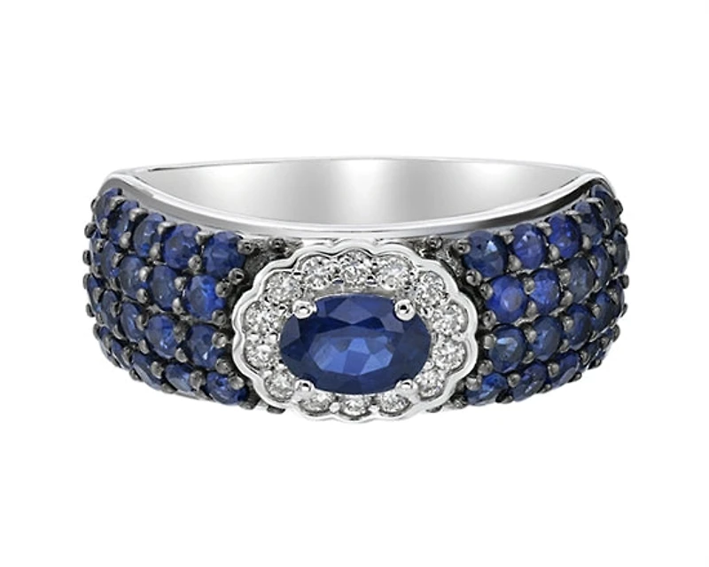 10K White Gold 6x4mm Oval Cut and 1.80mm Round Cut Sapphire and 0.13cttw Diamond Scallop Halo Ring - Size 7