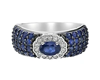 10K White Gold 6x4mm Oval Cut and 1.80mm Round Cut Sapphire and 0.13cttw Diamond Scallop Halo Ring - Size 7