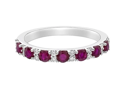 10K White Gold 2.70mm Round Cut Ruby and 0.15cttw Diamond Ring - Size 7