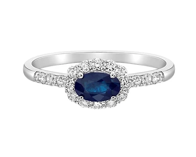 14K White Gold 6x4mm Oval Cut Sapphire and 0.35cttw Diamond Halo Ring - Size 7