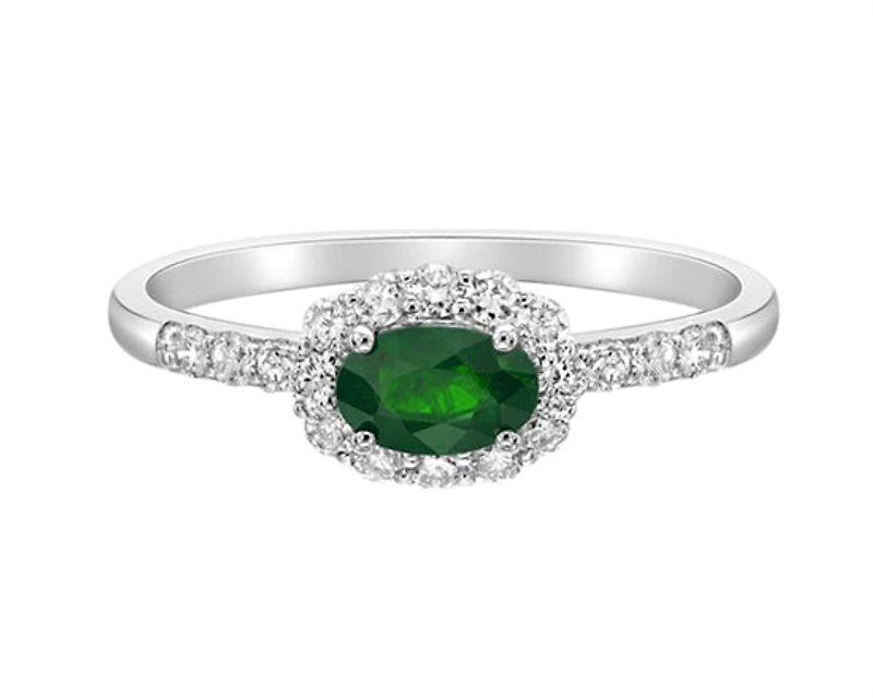 14K White Gold 6x4mm Oval Cut Emerald and 0.35cttw Diamond Halo Ring - Size 7