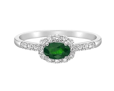 14K White Gold 6x4mm Oval Cut Emerald and 0.35cttw Diamond Halo Ring - Size 7