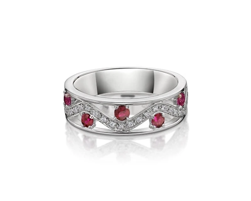 10K White Gold 2.80mm Round Cut Ruby and 0.11cttw Diamond Ring - Size 7
