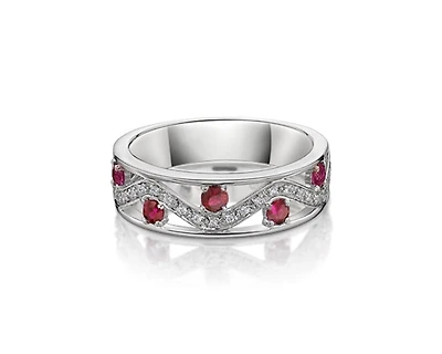 10K White Gold 2.80mm Round Cut Ruby and 0.11cttw Diamond Ring - Size 7