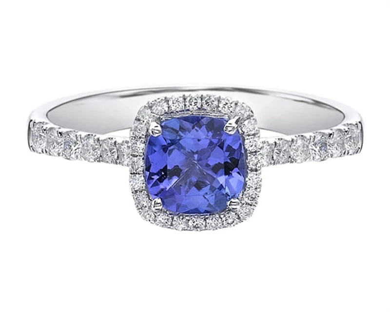 14K White Gold 6mm Cushion Cut Tanzanite and 0.35cttw Diamond Halo Ring - Size 7